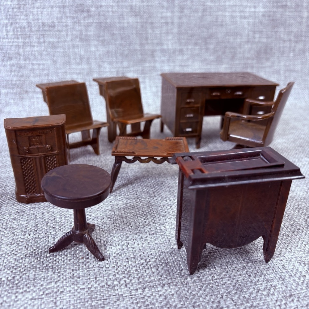 Vintage Renwal Plastic Dollhouse Furniture Set Marbled‎ Brown 8pc Office School